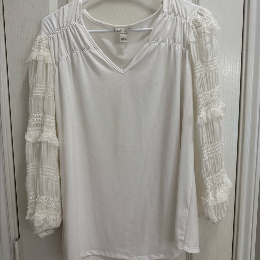 Cato White Blouse with Lace Sleeves